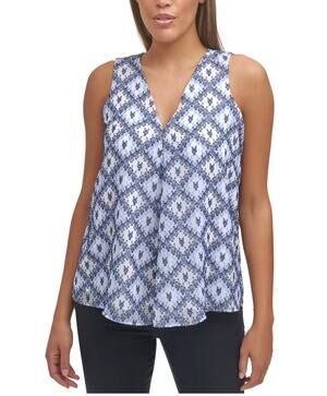 Calvin Klein Blue Abstract Sleeveless V-Neck Blouse XL Work Office Chic Top EUC
